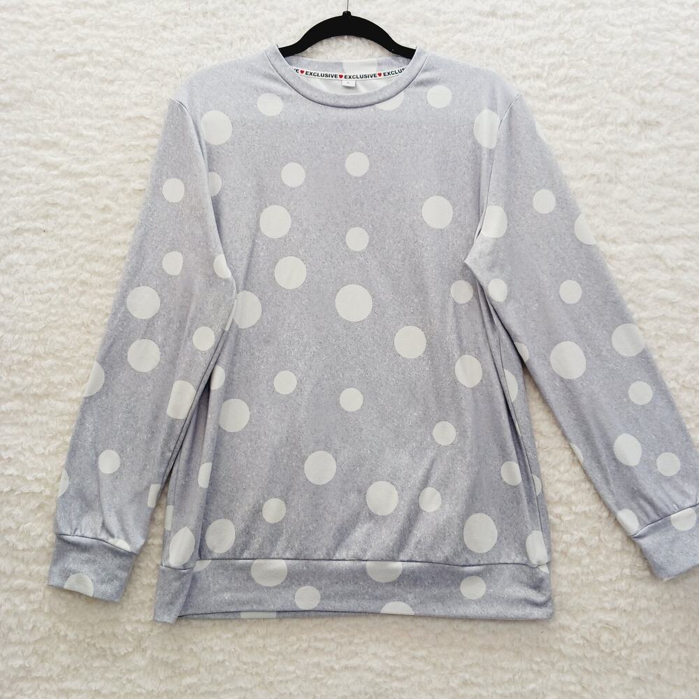 Sweatshirt Women Gray Polka Dot Lined Cozycore Lounge Kawaii Nostalgic Size L